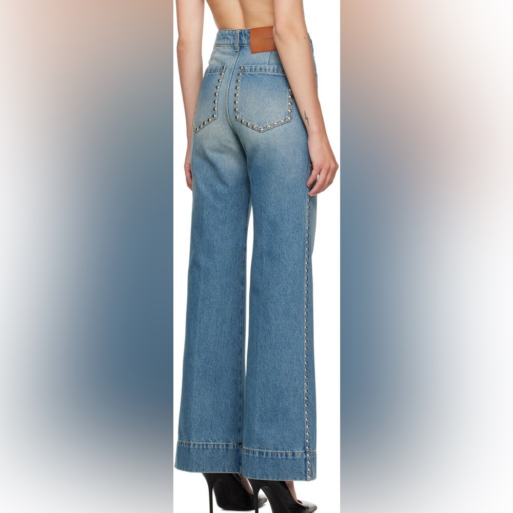 Victoria Beckham Alina Jean Wide Leg Mid Vintage Wash Studded Denim - Picture 3 of 9
